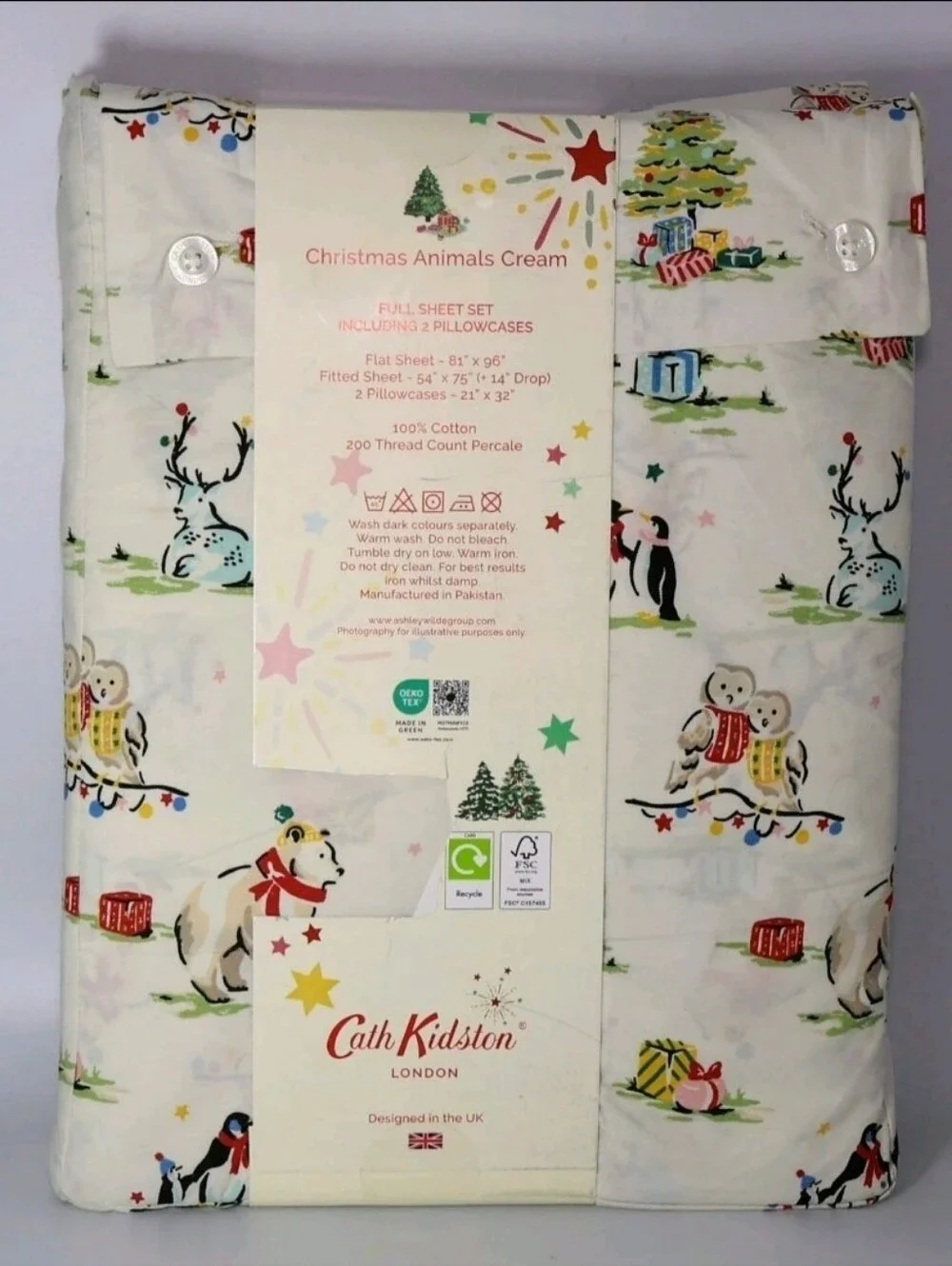 Cath Kidston London Full Size Sheet Set, Christmas Animals Cream, 100% Cotton